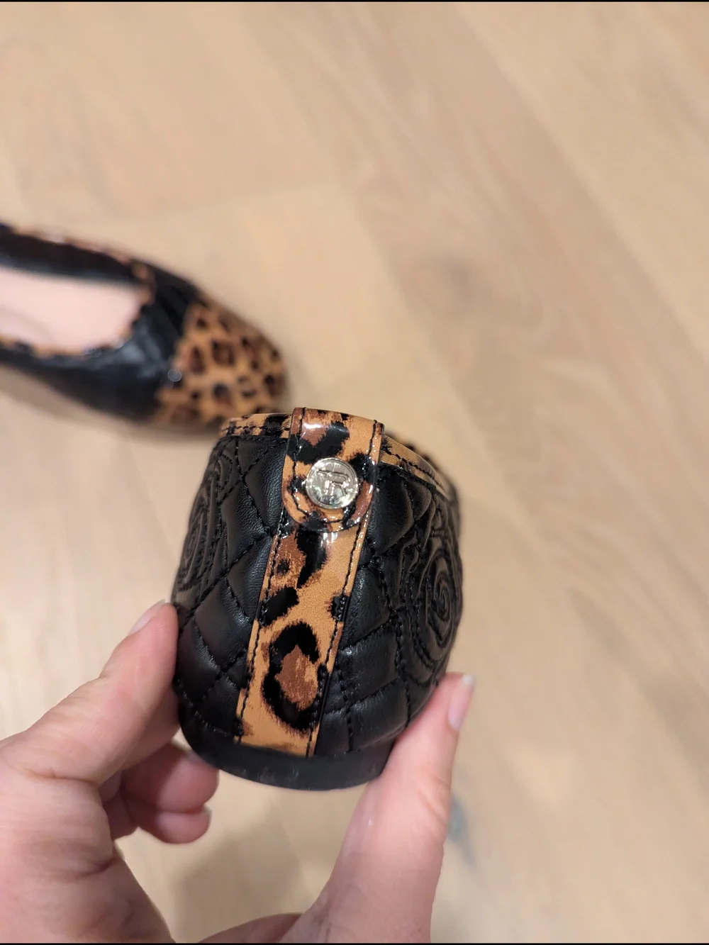 Taryn Rose Quilted Black Flats with Leopard Cap Toe